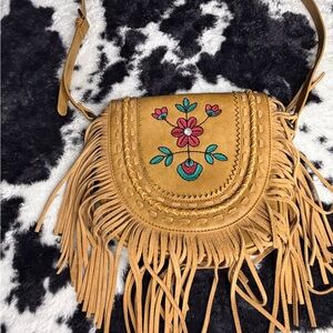 Embroidered Fringe Crossbody Bag - Tan Wrangler